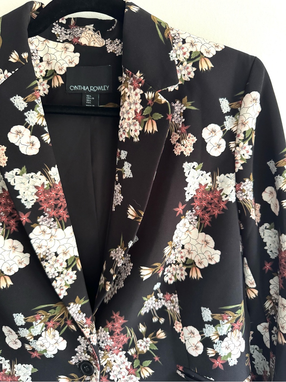 Cynthia Rowley Black Floral Notch-Lapel Blazer